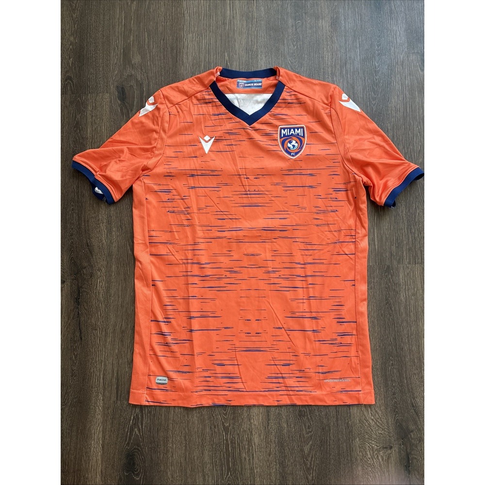 Miami FC Macron Mens Jersey Orange Blue Stripe VNeck Soccer Futbol Patch MINT XL